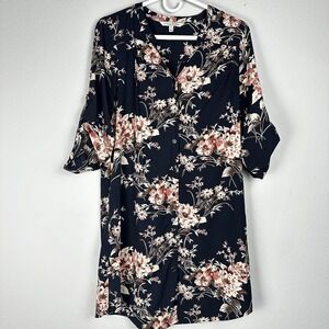 41 HAWTHORN Cristen Button Down Shirt Dress, Womens Small Blue Floral Tab Sleeve